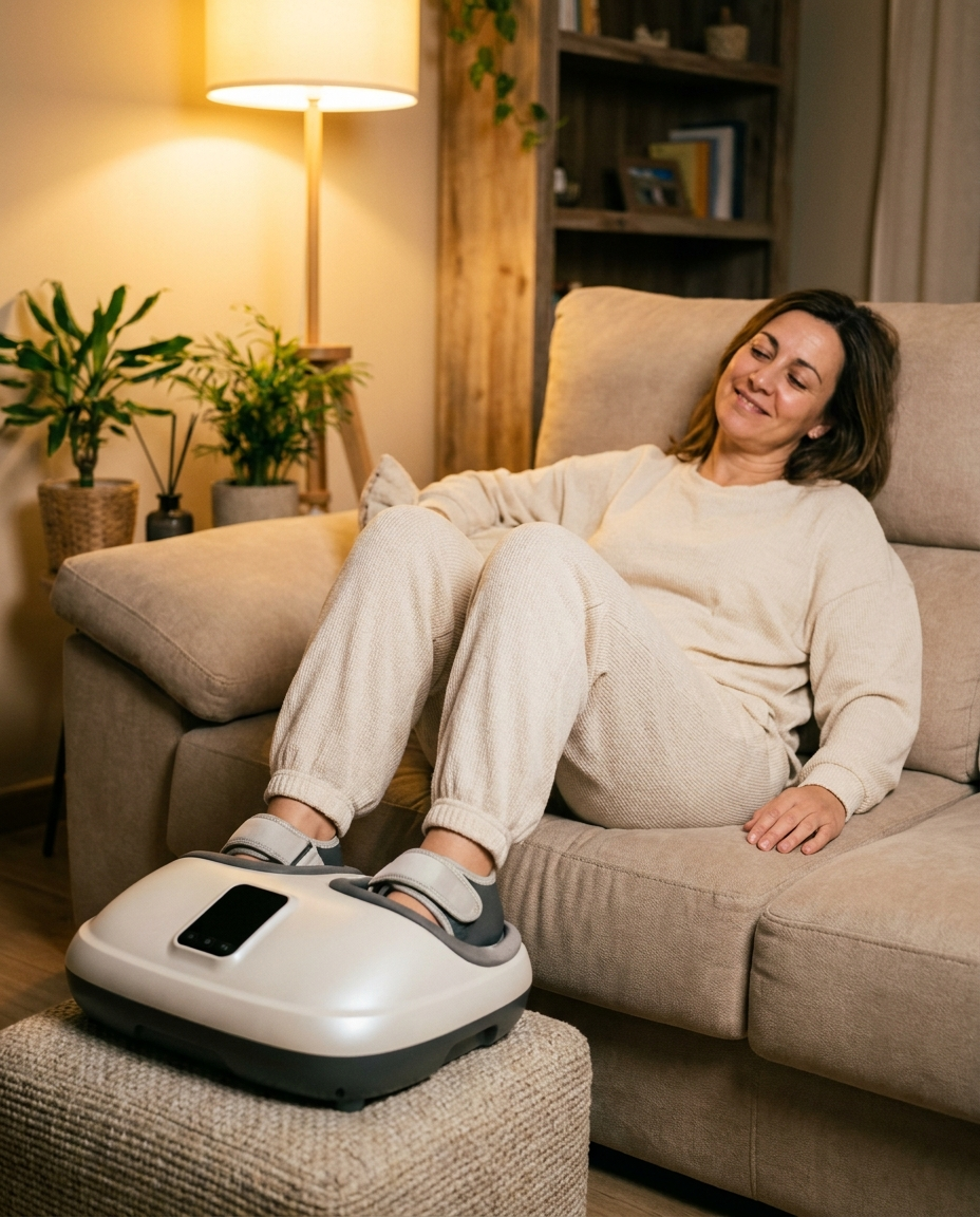 Mujer relajándose en el sofá usando Nevia FootCare